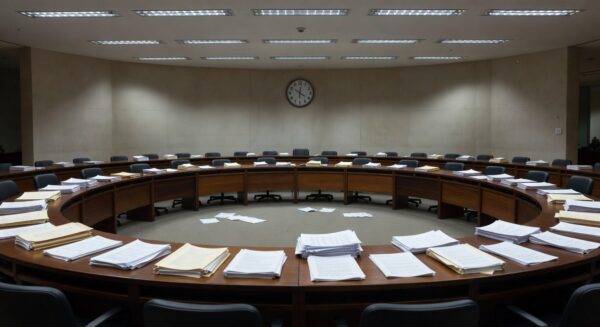 Sala de sessões vazia na CLDF com pilhas de documentos e relógio parado, representando lentidão burocrática e falta de avanços.