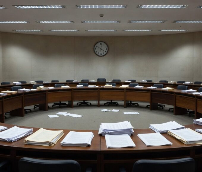 Sala de sessões vazia na CLDF com pilhas de documentos e relógio parado, representando lentidão burocrática e falta de avanços.