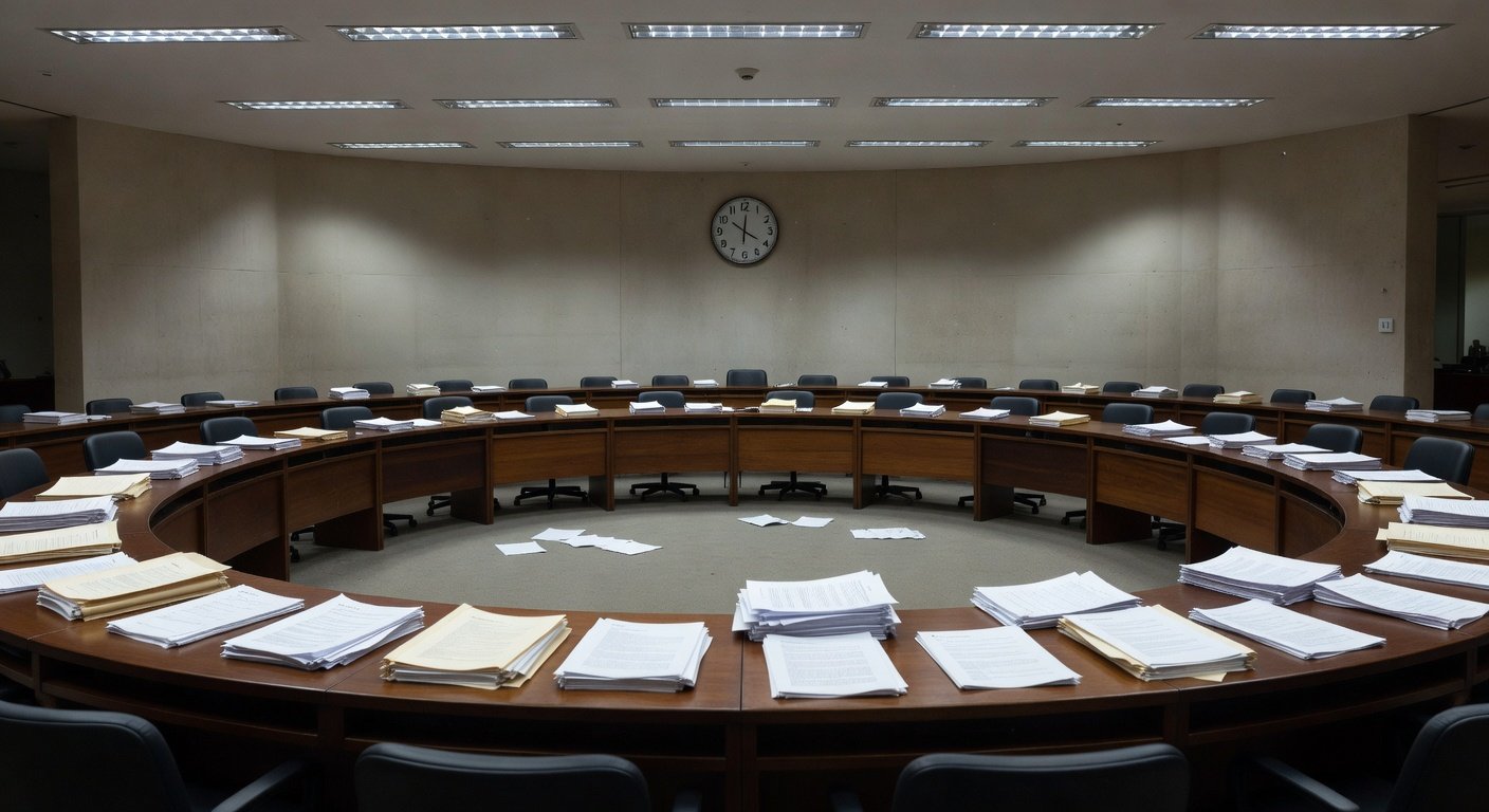Sala de sessões vazia na CLDF com pilhas de documentos e relógio parado, representando lentidão burocrática e falta de avanços.