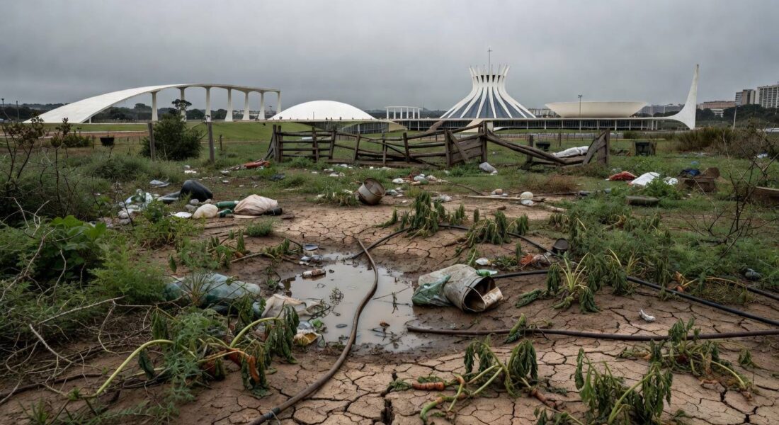 Horta urbana abandonada em Brasília, com plantas murchas e solo rachado, expondo falhas na agricultura local.