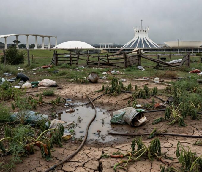 Horta urbana abandonada em Brasília, com plantas murchas e solo rachado, expondo falhas na agricultura local.