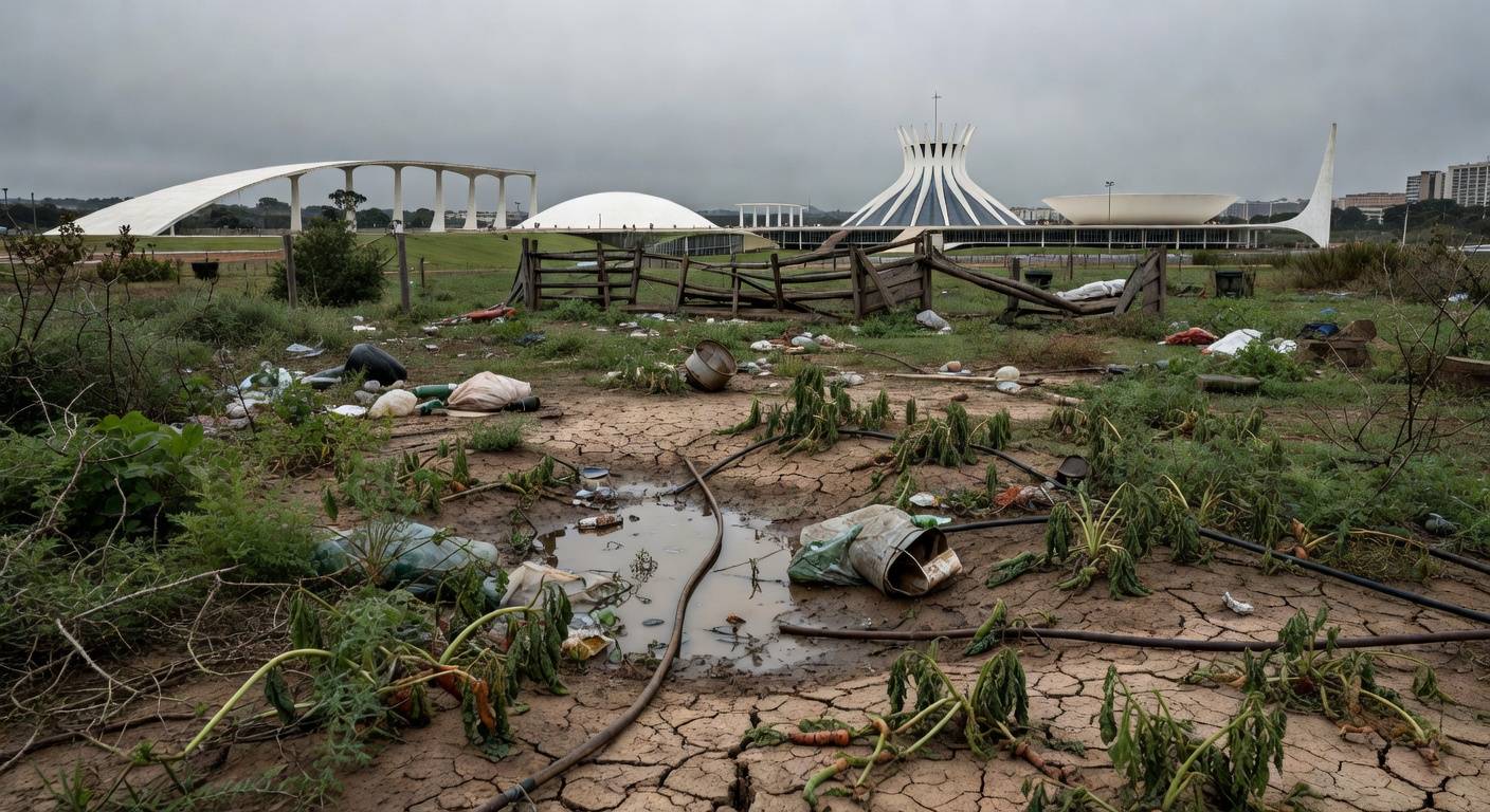 Horta urbana abandonada em Brasília, com plantas murchas e solo rachado, expondo falhas na agricultura local.