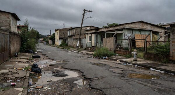 Rua abandonada em Nova Colina, DF, com sinais de descaso e deterioração urbana.