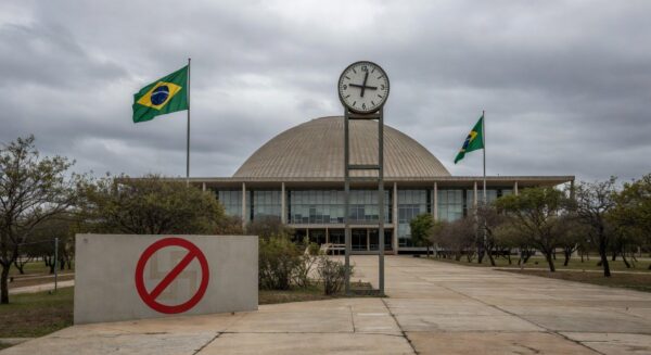 Edifício da CLDF em Brasília com relógio atrasado e símbolos anti-nazistas, representando audiência pública para lei contra propaganda nazista amid críticas por atrasos.