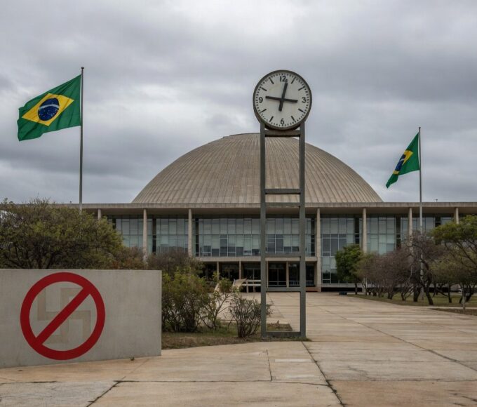 Edifício da CLDF em Brasília com relógio atrasado e símbolos anti-nazistas, representando audiência pública para lei contra propaganda nazista amid críticas por atrasos.