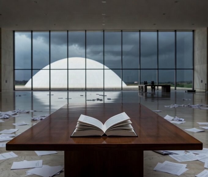 Edifício da CLDF em Brasília com livro sobre mesa em salão vazio, simbolizando lançamento em meio a crises e controvérsias.