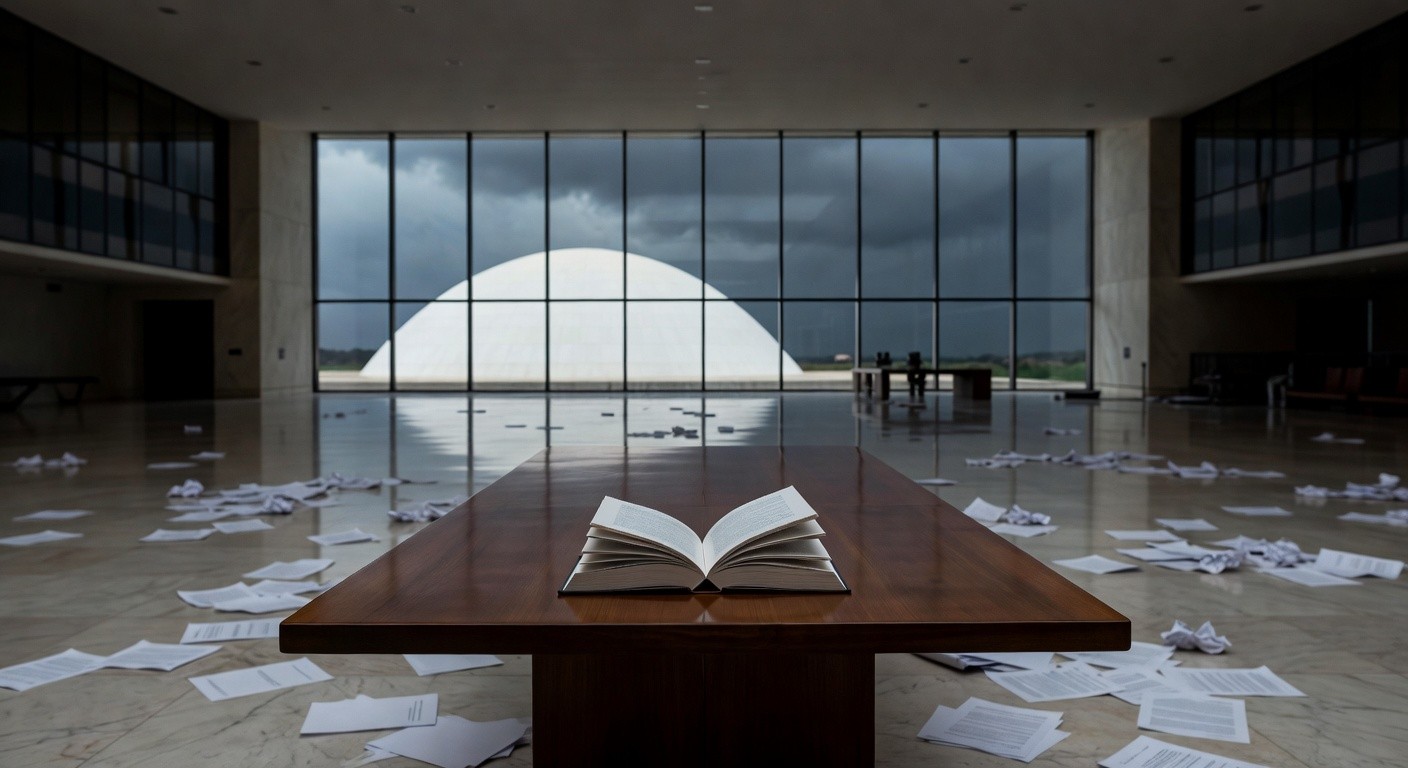Edifício da CLDF em Brasília com livro sobre mesa em salão vazio, simbolizando lançamento em meio a crises e controvérsias.