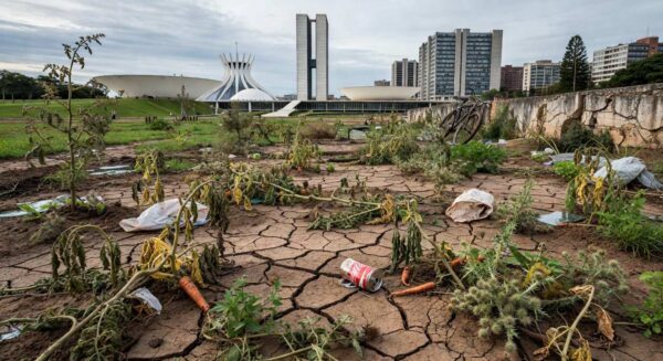 Horta urbana em declínio em Brasília, com plantas secas e edifícios modernos ao fundo, ilustrando crise na agricultura no DF.