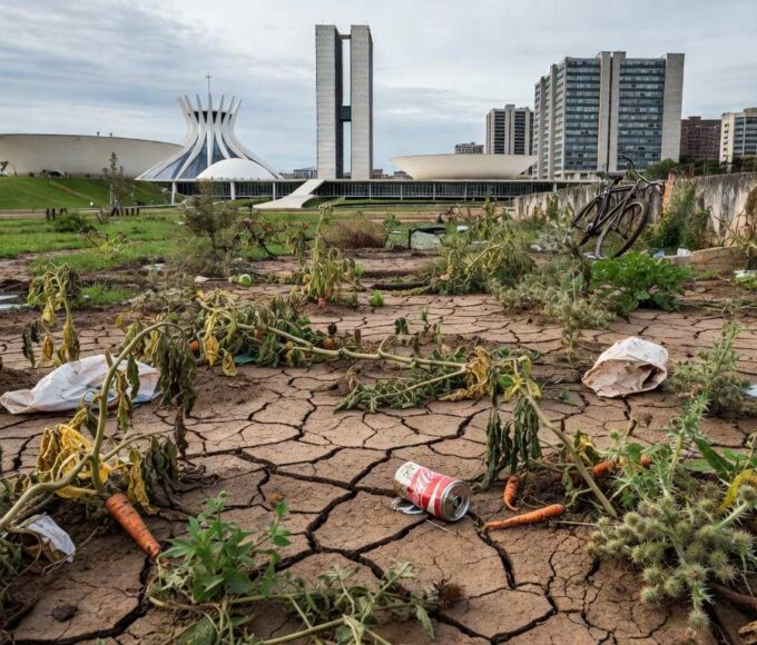Horta urbana em declínio em Brasília, com plantas secas e edifícios modernos ao fundo, ilustrando crise na agricultura no DF.