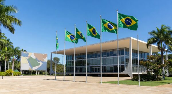 Edifício do Itamaraty em Brasília emitindo alerta contra viagens ao Oriente Médio, incluindo Irã e Israel.