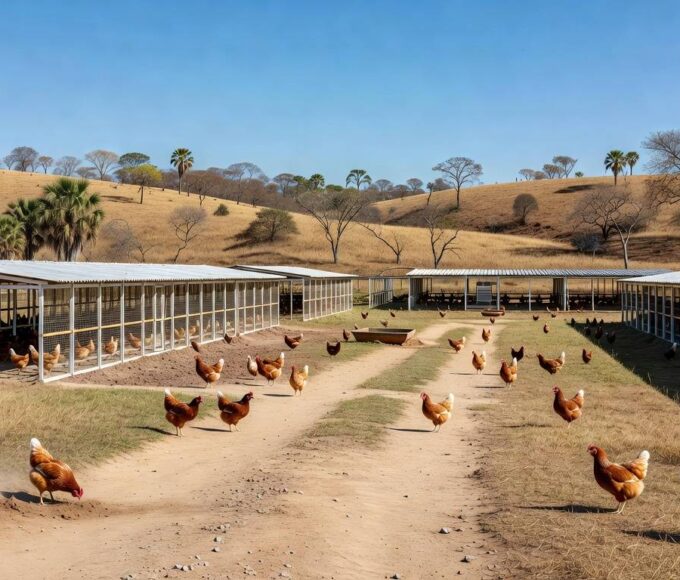 Granja avícola no Distrito Federal, com galinheiros e aves, simbolizando homenagem ao apoio à avicultura no DF.