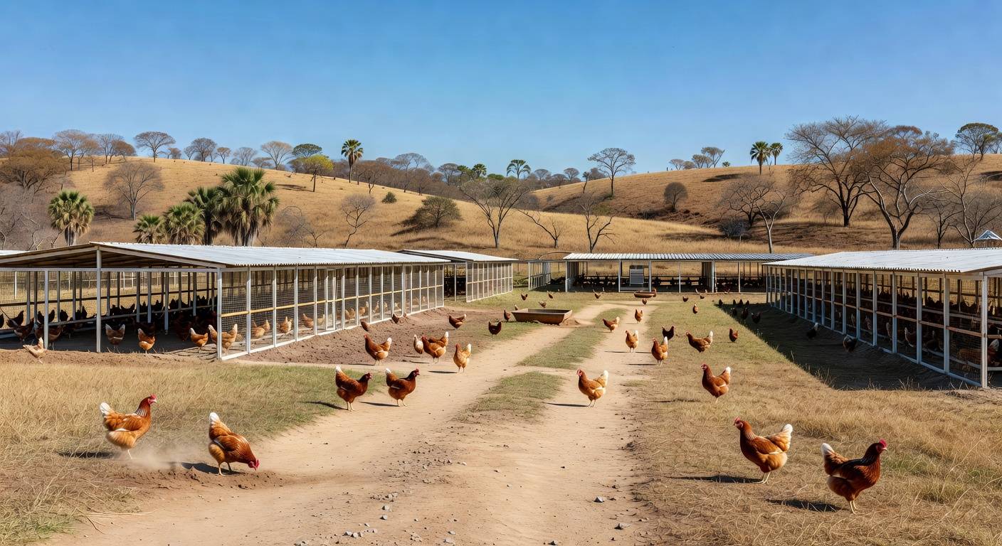 Granja avícola no Distrito Federal, com galinheiros e aves, simbolizando homenagem ao apoio à avicultura no DF.