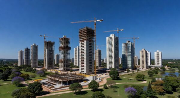 Empreendimento Reserva do Parque no DF com edifícios residenciais em construção, áreas verdes e investimentos de R$ 1 bilhão.