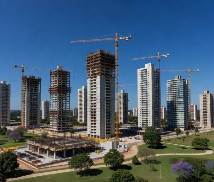 Empreendimento Reserva do Parque no DF com edifícios residenciais em construção, áreas verdes e investimentos de R$ 1 bilhão.