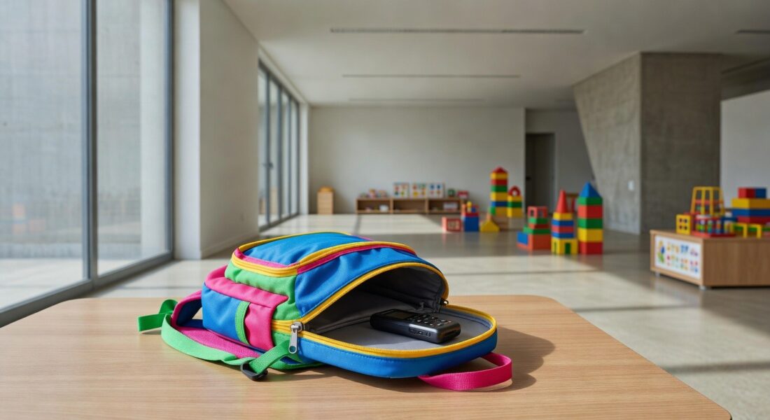 Mochila de criança com gravador escondido em creche no DF, revelando maus-tratos.