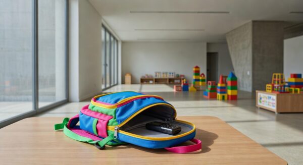 Mochila de criança com gravador escondido em creche no DF, revelando maus-tratos.