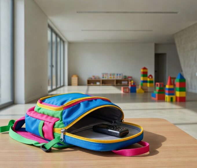 Mochila de criança com gravador escondido em creche no DF, revelando maus-tratos.