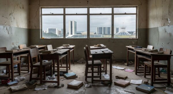 Sala de aula deteriorada em escola de Brasília, representando crises educacionais no DF durante abertura de inscrições para Prêmio Paulo Freire pela CLDF.