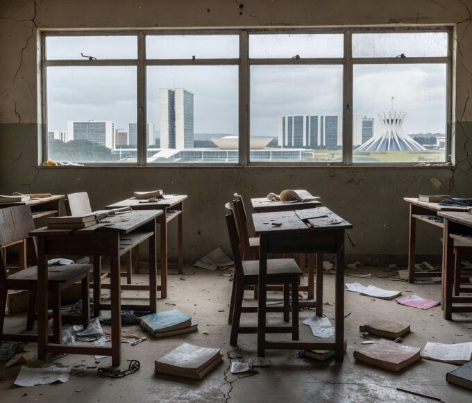 Sala de aula deteriorada em escola de Brasília, representando crises educacionais no DF durante abertura de inscrições para Prêmio Paulo Freire pela CLDF.