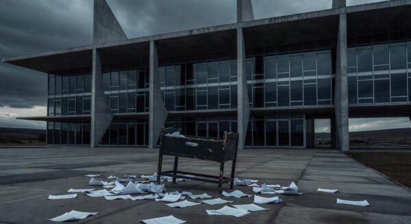 Fachada da CLDF em Brasília com berço vazio e documentos espalhados, simbolizando suporte pós-parto e falhas no sistema de saúde.