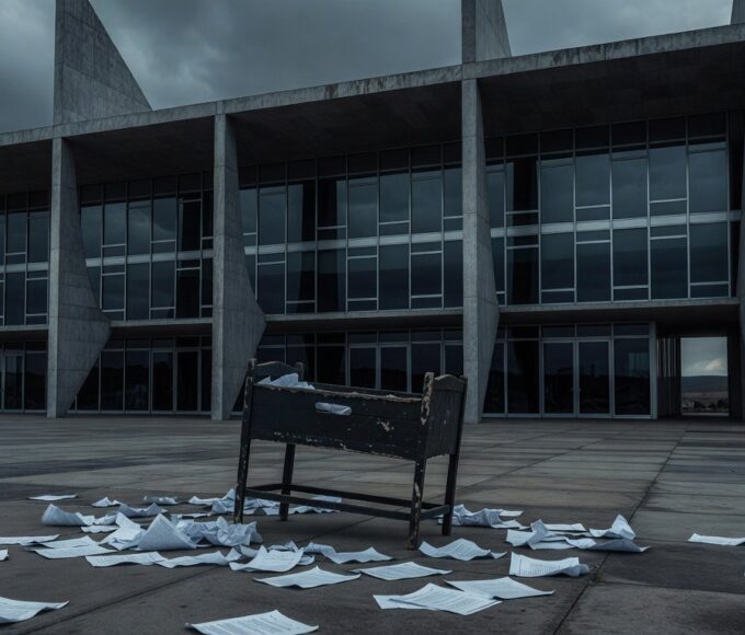 Fachada da CLDF em Brasília com berço vazio e documentos espalhados, simbolizando suporte pós-parto e falhas no sistema de saúde.