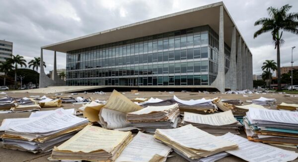 Fachada da CLDF em Brasília com símbolos odontológicos e elementos de negligência na saúde bucal.