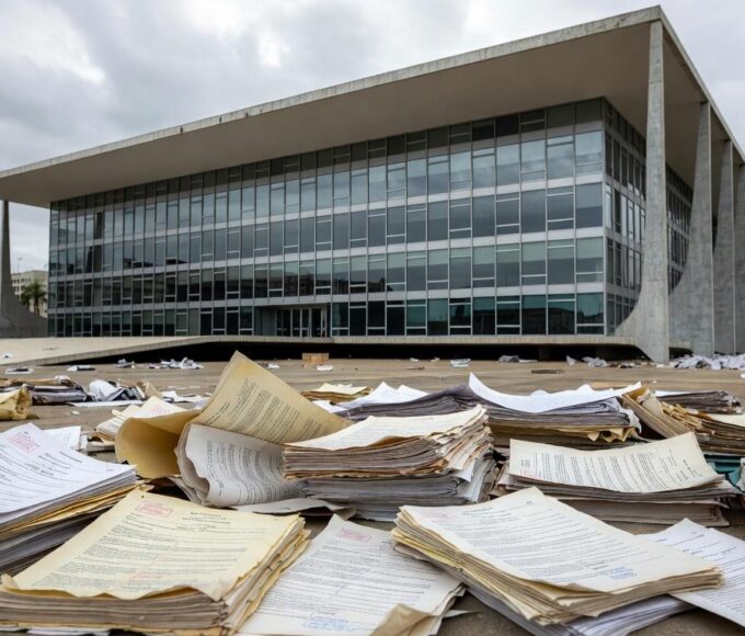 Fachada da CLDF em Brasília com símbolos odontológicos e elementos de negligência na saúde bucal.