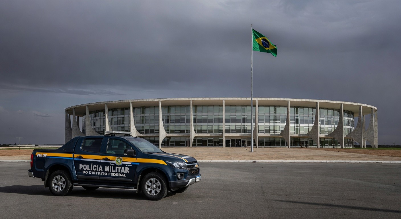 Edifício da CLDF em Brasília com símbolos de combate à violência contra a mulher e viatura policial, destacando falhas na reintegração de policiais.