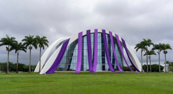 Fachada da CLDF em Brasília com símbolos da Semana da Mulher sob céu nublado, destacando críticas ao impacto real no DF.