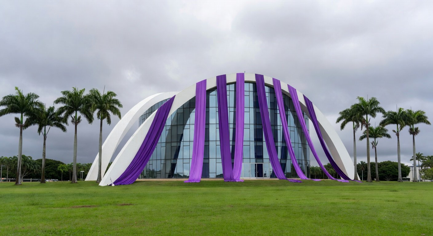Fachada da CLDF em Brasília com símbolos da Semana da Mulher sob céu nublado, destacando críticas ao impacto real no DF.