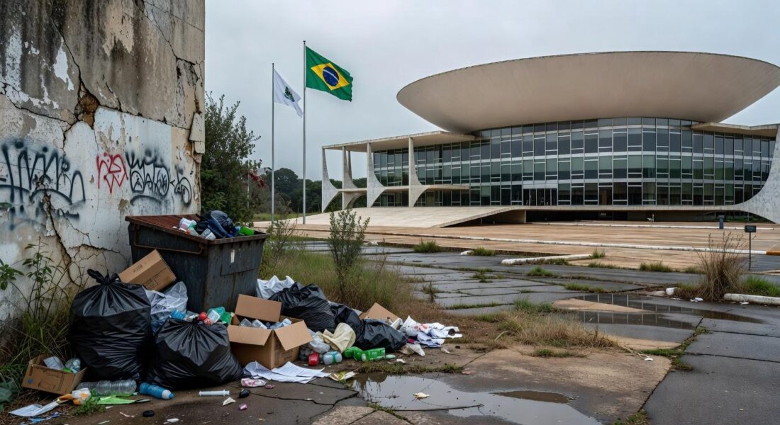 Fachada da CLDF em Brasília com sinais de abandono, representando críticas por inação na saúde.
