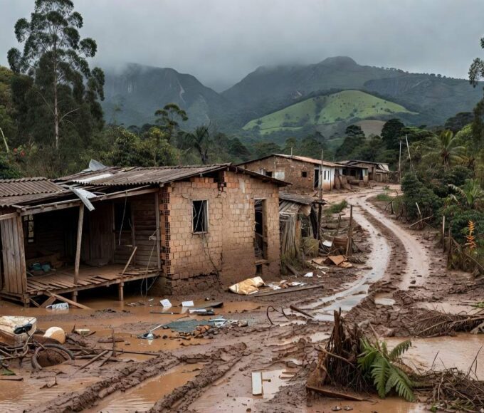 Paisagem de casas danificadas por tragédia na Zona da Mata Mineira, com montanhas e vegetação ao fundo.