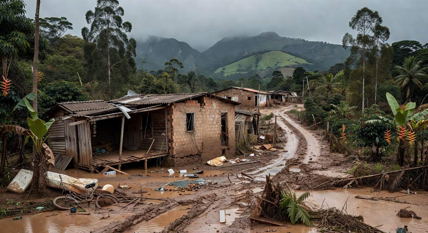 Paisagem de casas danificadas por tragédia na Zona da Mata Mineira, com montanhas e vegetação ao fundo.
