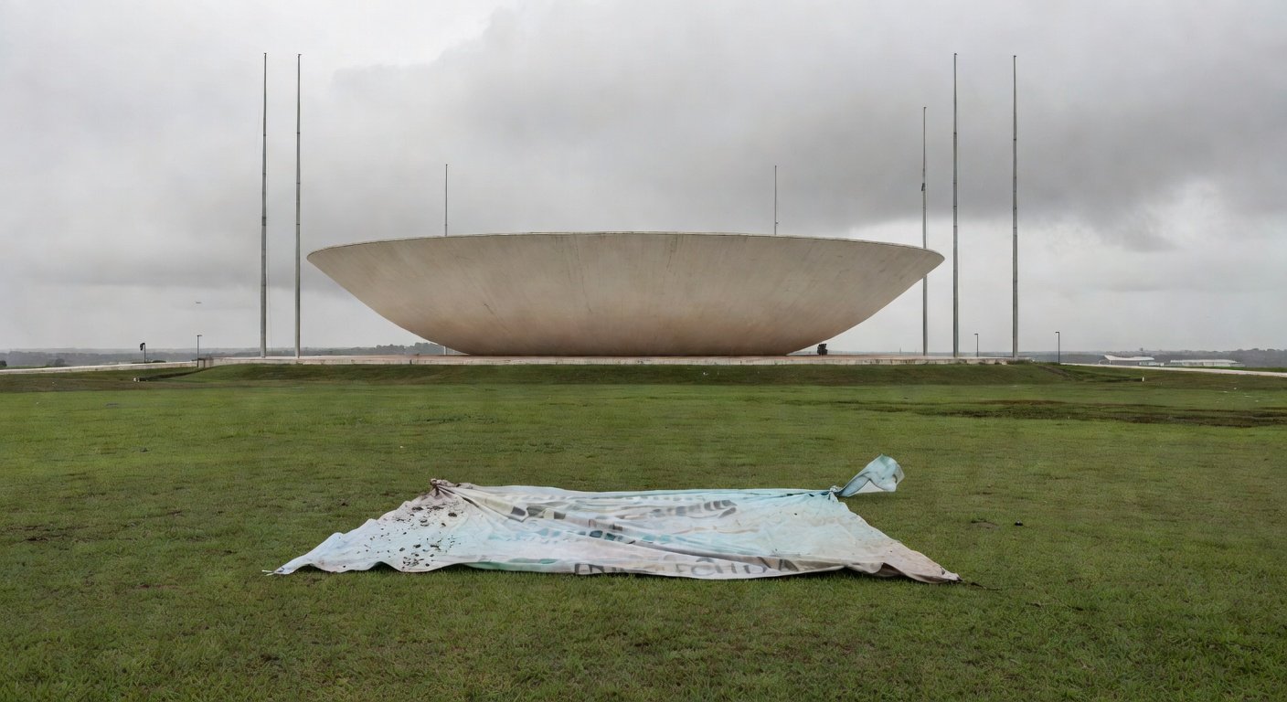 Edifício da CLDF em Brasília com cartaz dos 60 anos do CRO-DF caído, representando demandas ignoradas de odontólogos.