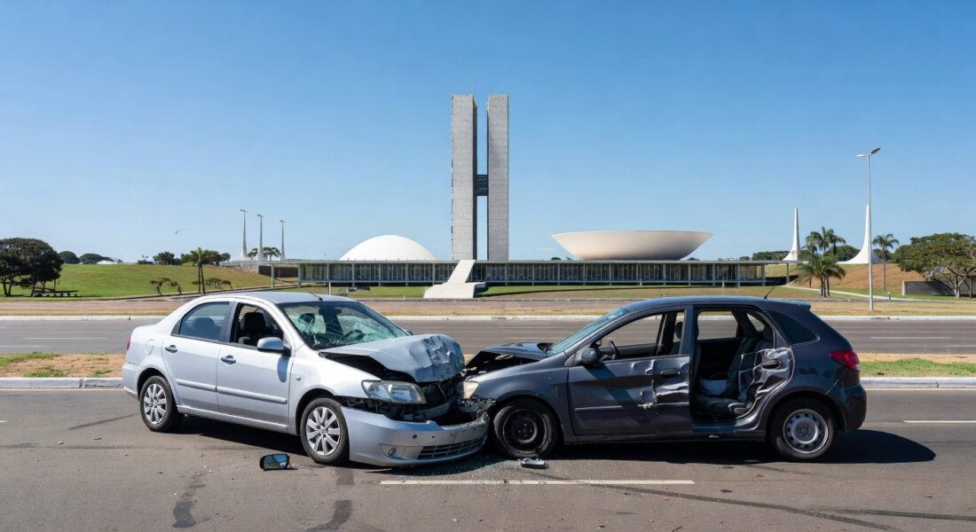 Cena de acidente de trânsito em avenida de Brasília, veículos danificados, representando estudo do Detran-DF sobre acidentes fatais.