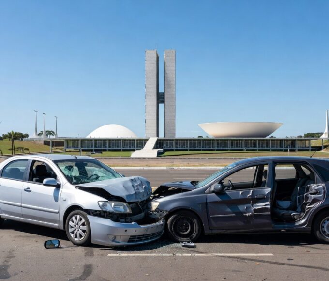 Cena de acidente de trânsito em avenida de Brasília, veículos danificados, representando estudo do Detran-DF sobre acidentes fatais.