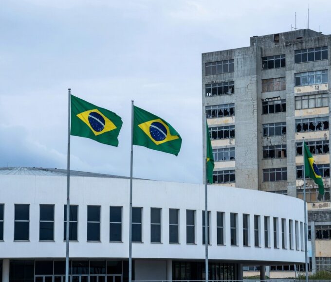 Fachada da CLDF em Brasília com hospital deteriorado ao fundo, expondo falhas na saúde do DF.