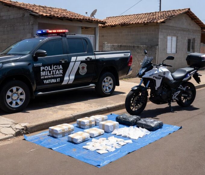 Viaturas da PMDF e pacotes de drogas apreendidas em rua do Recanto das Emas, Brasília.