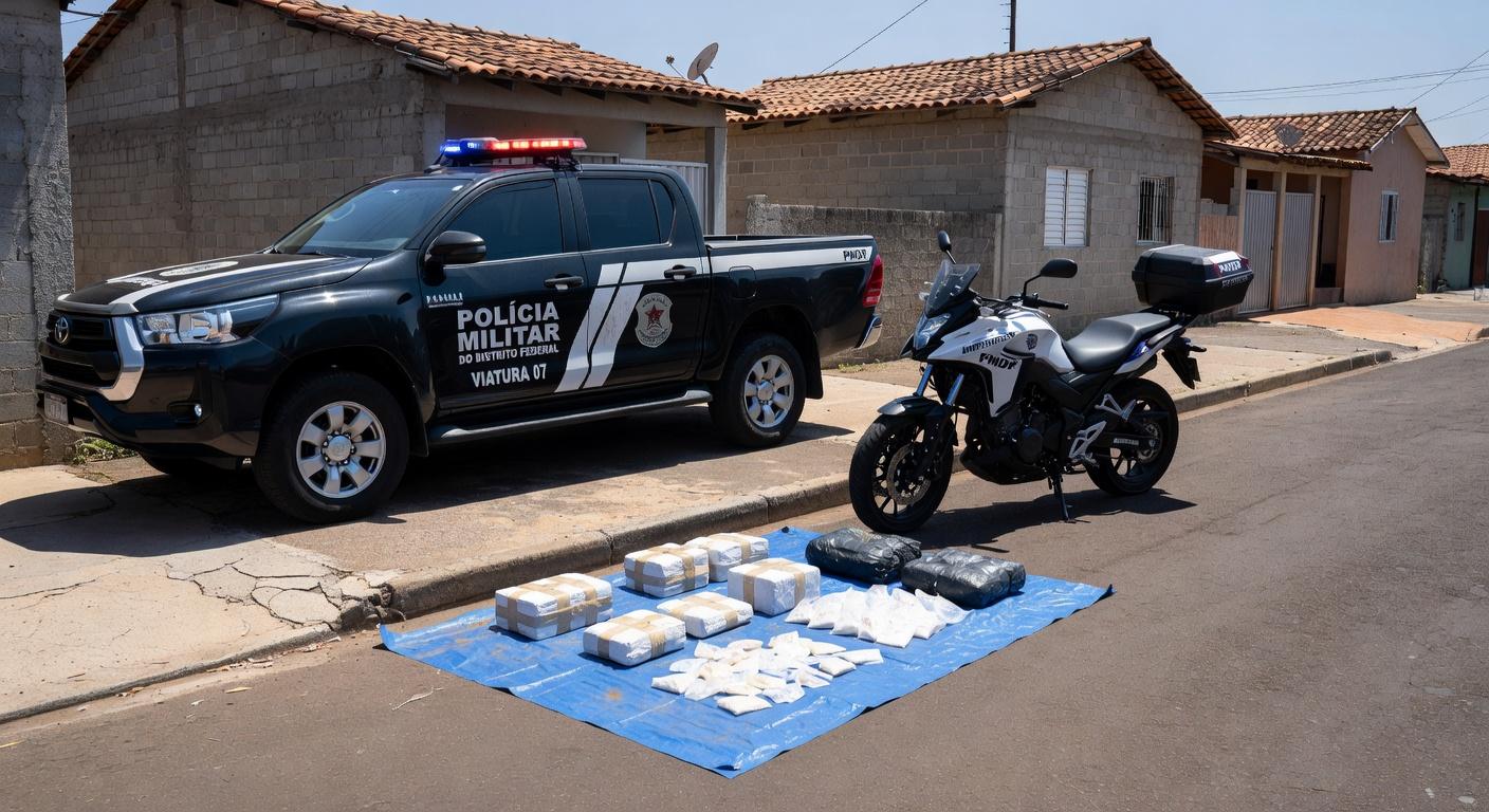 Viaturas da PMDF e pacotes de drogas apreendidas em rua do Recanto das Emas, Brasília.