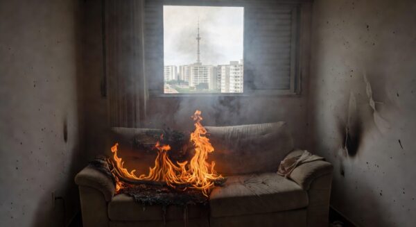 Móvel em chamas em residência no Distrito Federal após discussão conjugal.