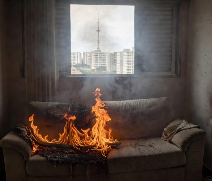 Móvel em chamas em residência no Distrito Federal após discussão conjugal.