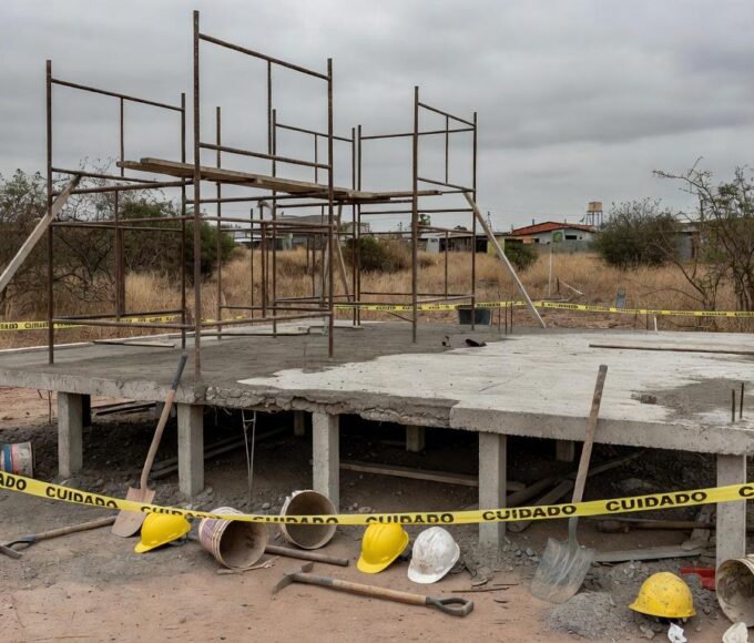 Obra de construção no Gama, DF, com laje de concreto e equipamentos de segurança, representando acidente fatal.