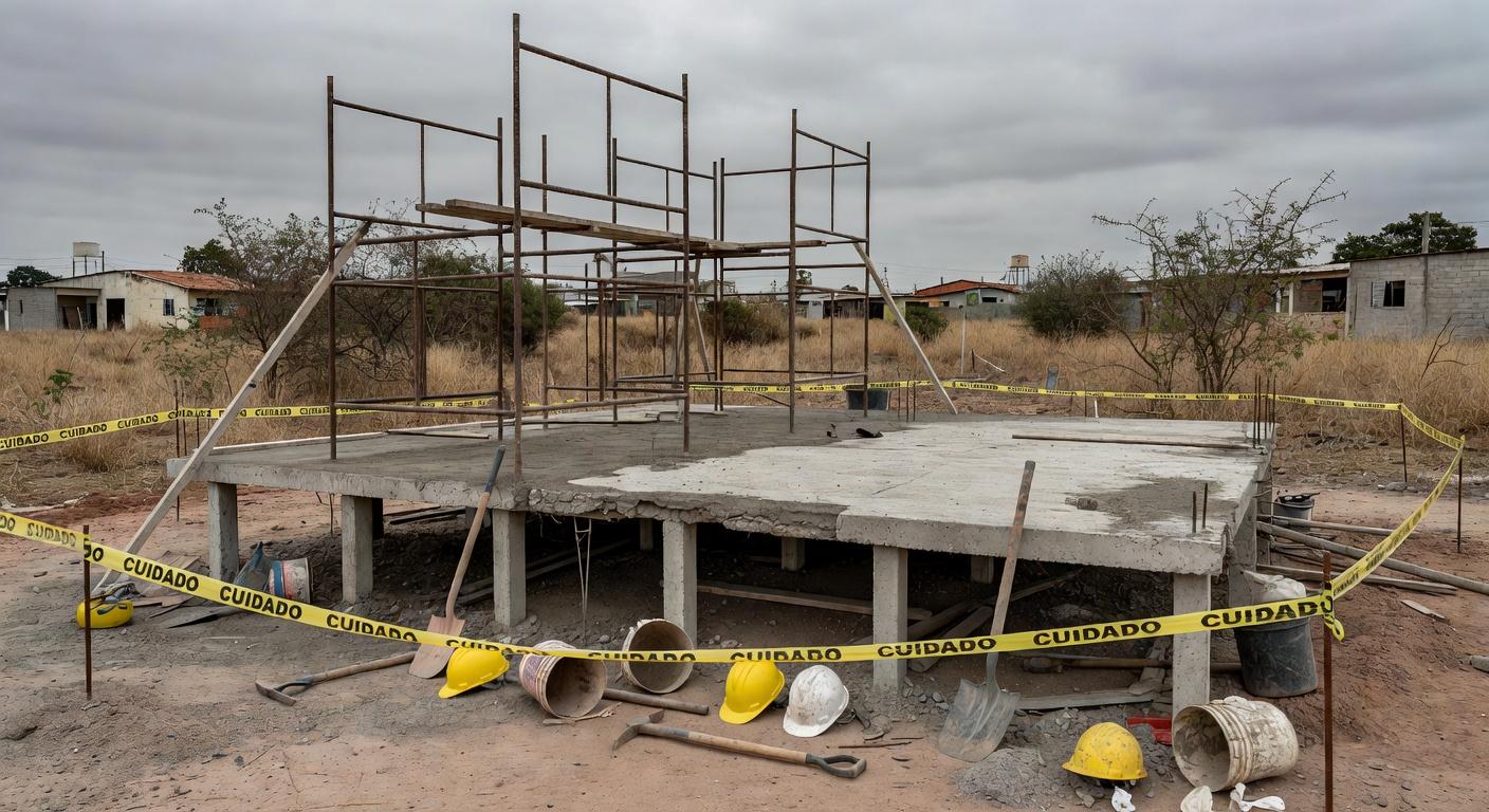 Obra de construção no Gama, DF, com laje de concreto e equipamentos de segurança, representando acidente fatal.