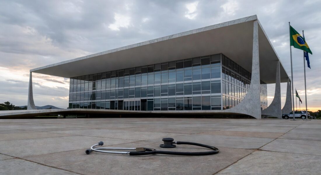 Hospital público deteriorado e viatura policial em rua mal conservada em Brasília, ilustrando falhas na saúde e segurança do DF.