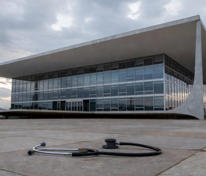 Hospital público deteriorado e viatura policial em rua mal conservada em Brasília, ilustrando falhas na saúde e segurança do DF.