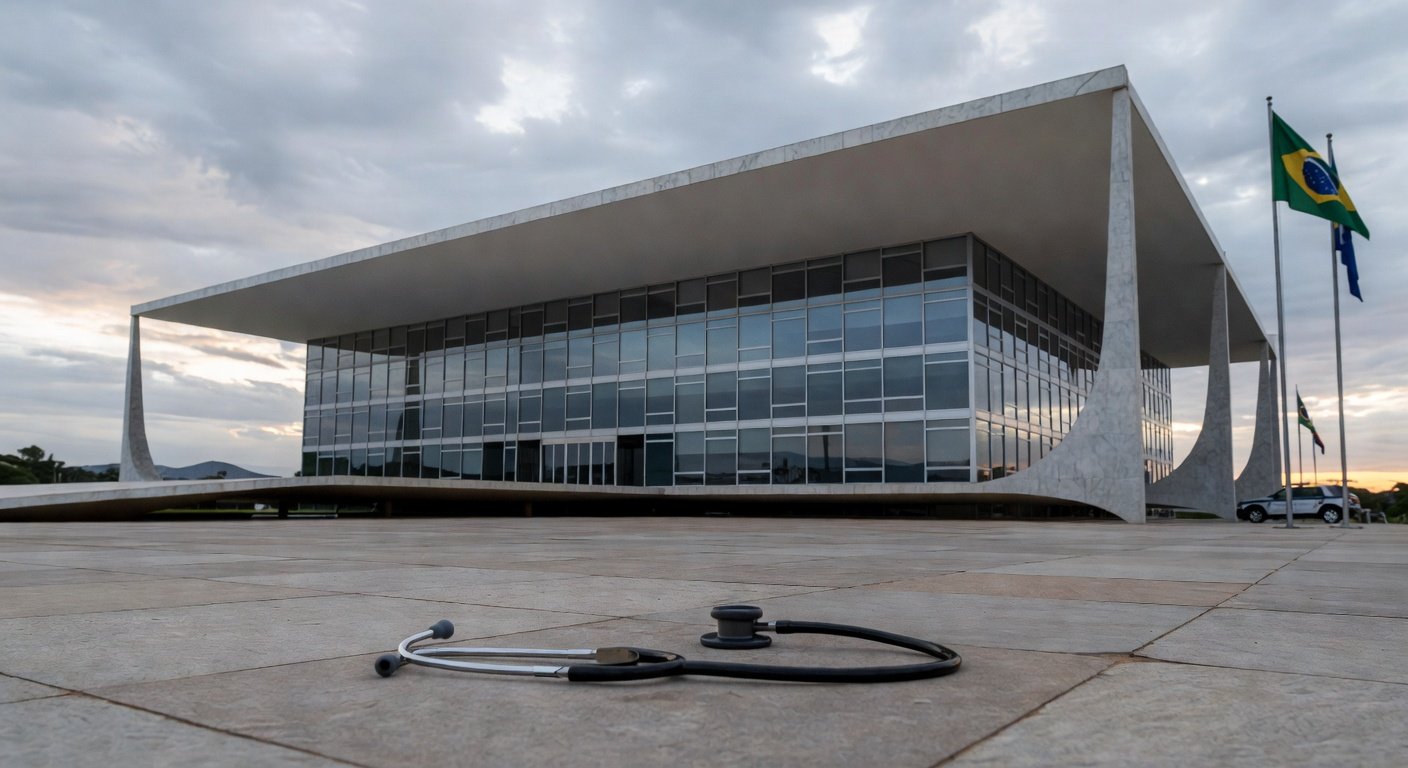 Hospital público deteriorado e viatura policial em rua mal conservada em Brasília, ilustrando falhas na saúde e segurança do DF.