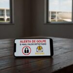 Smartphone com alerta de golpe virtual em mesa de casa em Brasília, representando fraudes online contra idosas.