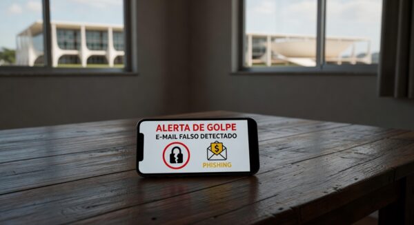 Smartphone com alerta de golpe virtual em mesa de casa em Brasília, representando fraudes online contra idosas.