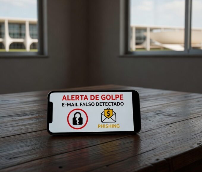 Smartphone com alerta de golpe virtual em mesa de casa em Brasília, representando fraudes online contra idosas.