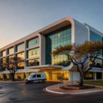 Hospital em Brasília com ambulância na entrada, simbolizando internação por broncopneumonia bacteriana.